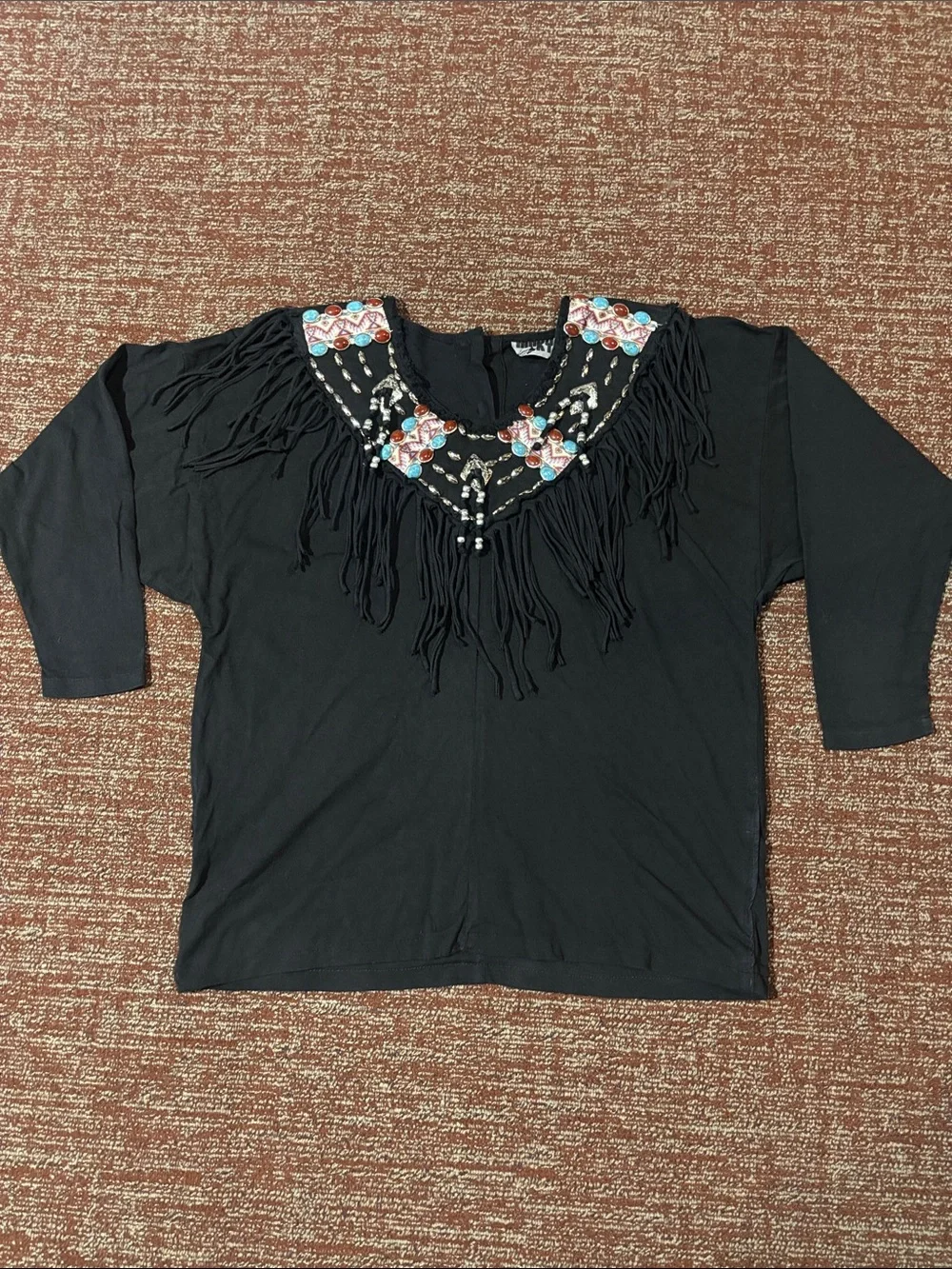 Vintage beaded fringe top western long sleeve shirt heavyweight fall cowgirl M/L